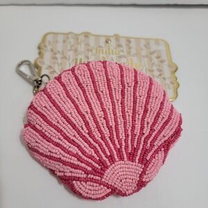 India Handmade Pink Beaded Seashell Coin‎ Purse Keychain Zipper Pouch New
